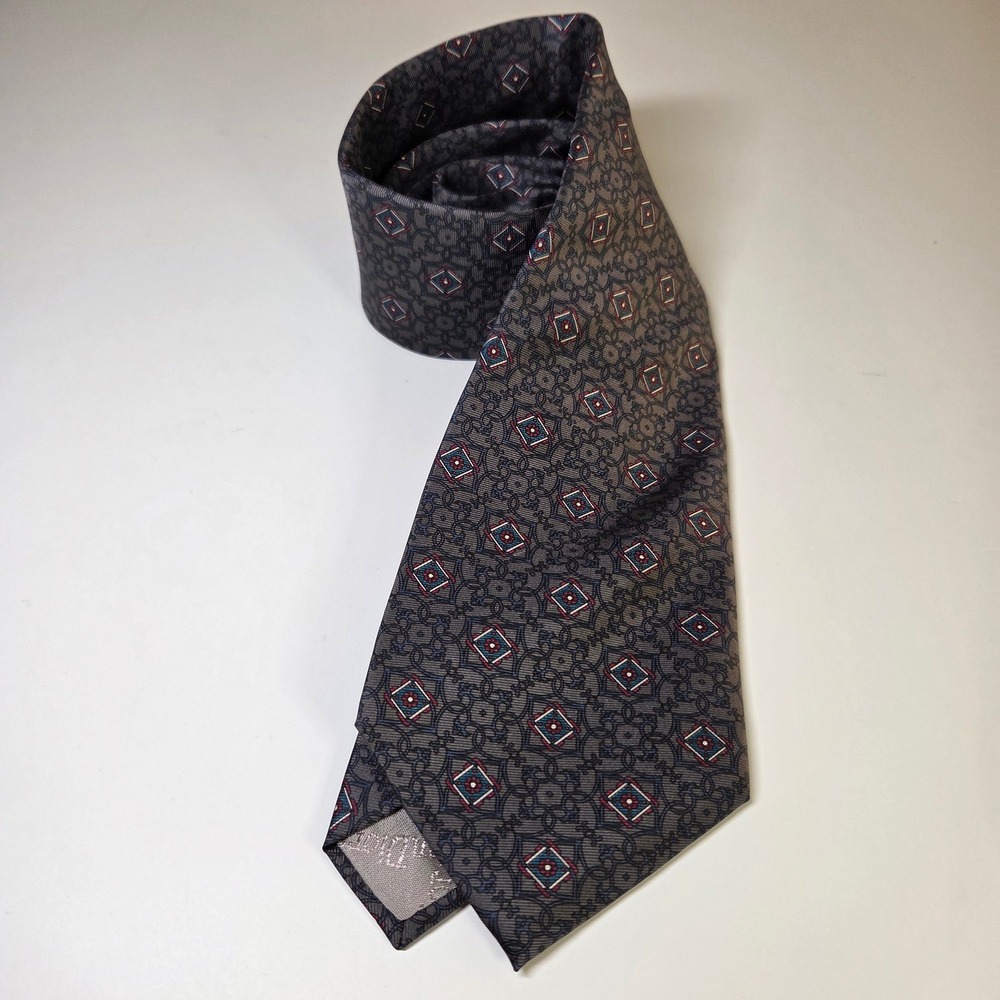Christian Dior Mens Silk Tie Grey Burgundy Blue Geometric Medallion Italy Fabric